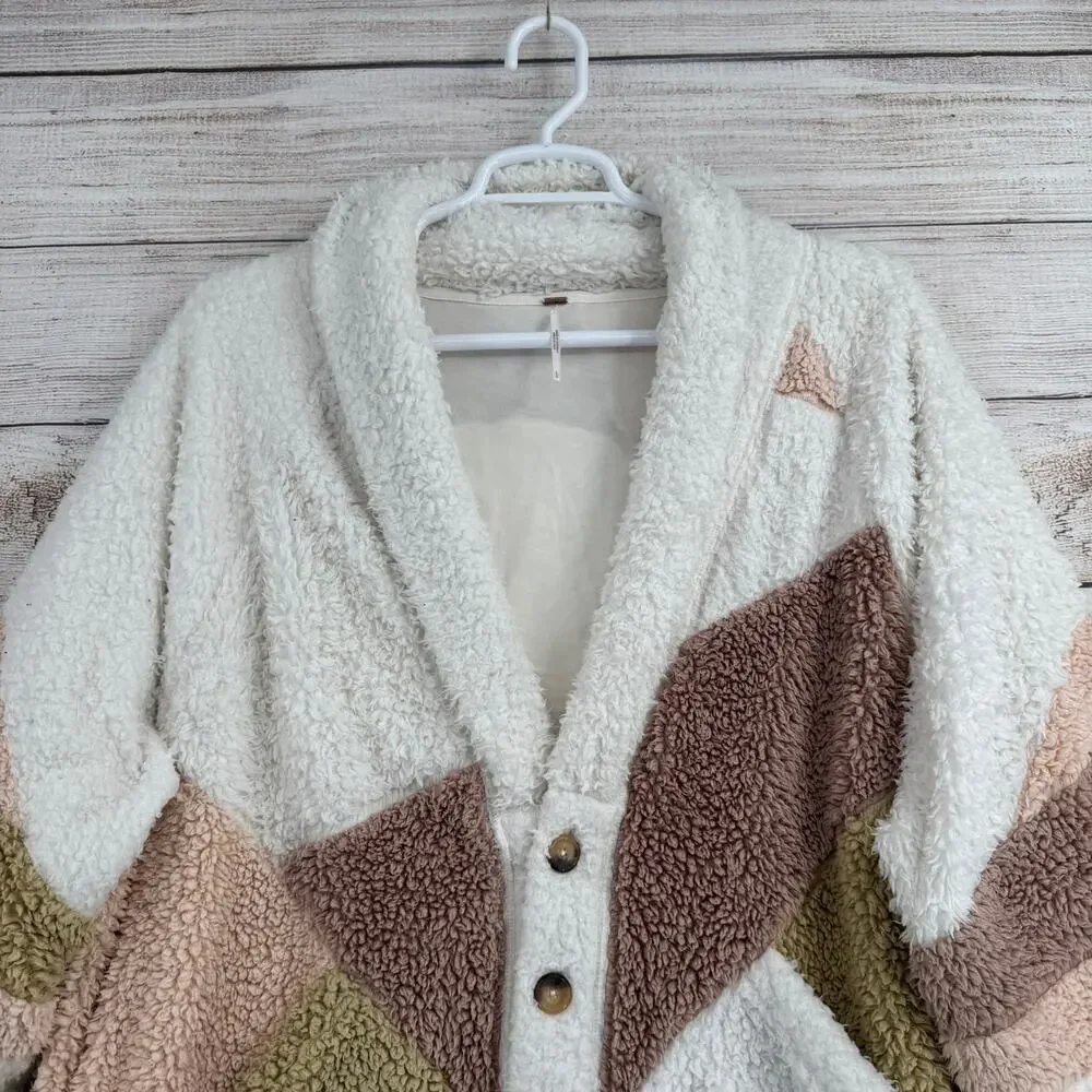 Free People Selma Cardi Colorblock Sherpa Cardigan Sweater Womens L‎ White Brown
